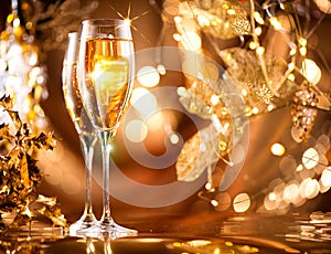 Christmas celebration. Flutes with sparkling champagne