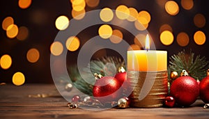 Christmas celebration glowing candle illuminates ornament on winter background generated by AI