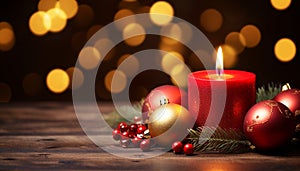 Christmas celebration glowing candle illuminates ornament on winter background generated by AI