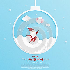 Christmas celebration greeting card in paper cut style with Santa Claus hanging on balloon in the sky. Vector illustration. banner