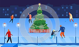 Christmas celebration, happy winter holiday, ice skating around green tree, joyful season, cartoon style, vector