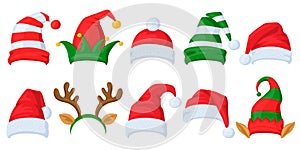 Christmas celebration hats. Cartoon Santa Claus, elf and reindeer horns masquerade hats vector illustration set. Xmas