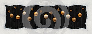 Christmas celebration holiday banner greeting card panorama background - Frame made of snow and hanging golden Christmas baubles