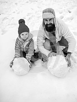 Christmas Celebration holiday. Fathers day. Christmas holidays. Father and son play in winter clothes. Winter portrait