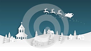 Christmas celebration. Santa Claus flying in the sky over village in paper cut style. Digital craft paper art background