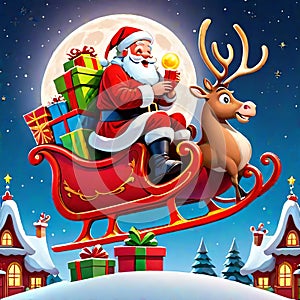 Christmas celebration santa sleigh rudolph reindeer flying night moon snow