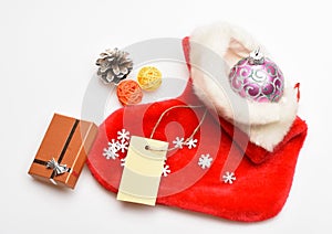 Christmas celebration. Small items stocking stuffers or fillers little christmas gifts. Fill sock with gifts or presents