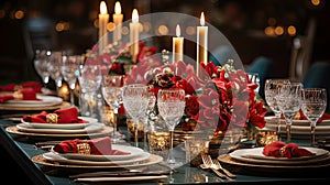 Christmas celebration table with sparkling dinnerware and cutlery, rich red flowers and candles creating a cozy festive atmosphere
