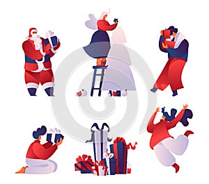 Christmas celebration flat vector illustrations set. Cartoon Santa Claus with gift box isolated on white background