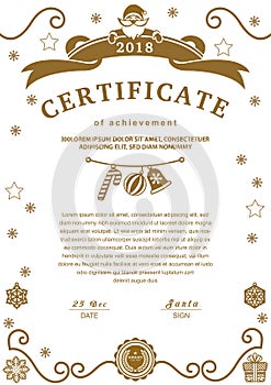 Christmas certificate. Santa and christmas decorations on white background. Brown design elements on white background. Monochrome