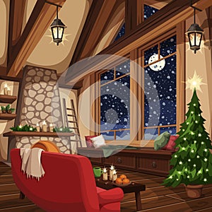 Christmas chalet interior. Holiday evening. Vector illustration.