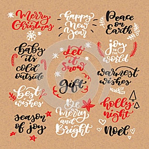 Christmas chalk lettering vector set on craft. Isolated handwriting