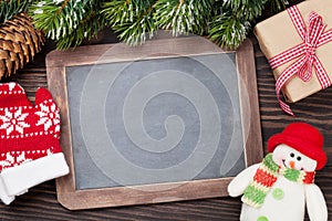 Christmas chalkboard, snowman and fir tree