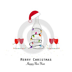 Christmas champagne bottle with colorful light bulb and santa claus hat