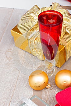 Christmas champagne in red glasses