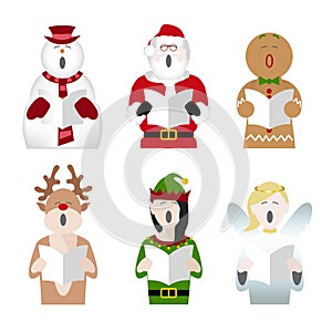 Christmas character icon set carol singing