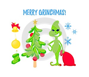 Christmas character set. Xmas tree, stockings, socks, balls, bell and green elf photo