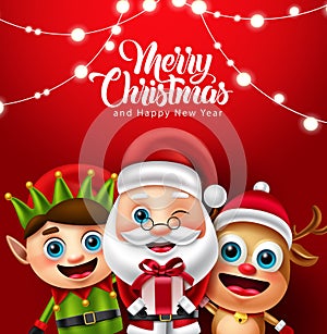 Christmas character vector design. Merry christmas text with reindeer, elf and santa claus characters holding gift for xmas.