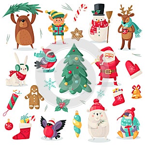 Christmas characters. Cartoon animals bullfinch, bear and penguin, gift. Santa and snowman, holiday tree, elf and deer