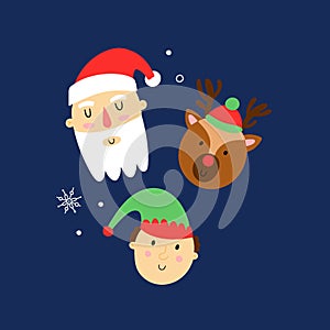 Christmas characters. Cute xmas portraits, Canta Claus, Rudolf deer and elf, winter holidays decor faces, postcard, print or