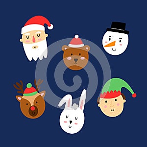 Christmas characters. Cute xmas portraits, Canta Claus and snowman, Rudolf deer and elf, winter bear and rabbit, funny decor faces