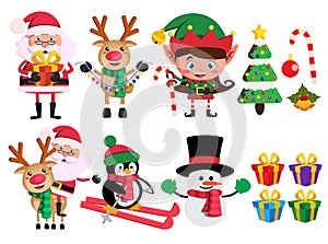 Christmas characters and elements vector set with santa claus, reindeer, elf and snowman