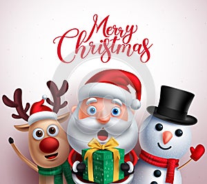 Christmas characters like santa claus,reindeer and snowman holding gift