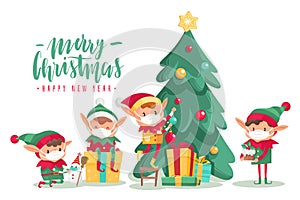 Christmas characters in masks poster. Cartoon vector elves in protective mask, decorated tree with gifts. Antiviral