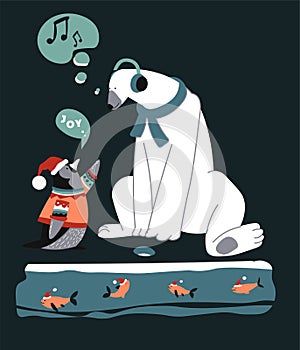 Christmas characters, penguin talking to polar bear with headphones