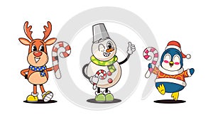 Christmas Characters In A Retro Style, A Jolly Deer, A Classic Snowman, And A Dapper Penguin With Candy Cane
