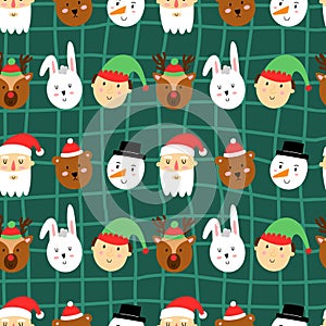 Christmas characters seamless pattern. Cute xmas portraits, Canta Claus and snowman, Rudolf deer and elf, winter bear and rabbit.