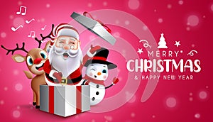 Christmas characters vector background design. Merry christmas and happy new year text with santa claus, reindeer and snowman.