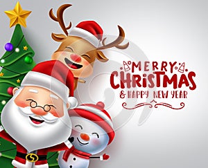 Christmas characters vector banner template. Merry christmas text in white empty space for messages and xmas character.