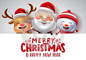 Christmas characters vector banner template. Merry christmas text in white empty space for messages with xmas character.