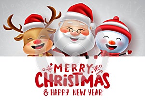 Christmas characters vector banner template. Merry christmas text in white empty space for messages with xmas character. photo