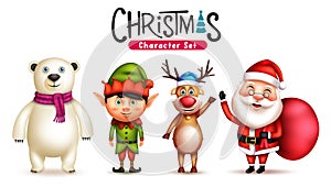 Christmas characters vector set. Santa claus, elf, reindeer and polar bear 3d christmas character with cute and friendly.