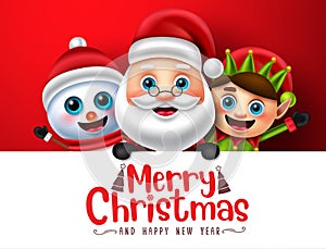 Christmas characters vector template design. Merry christmas text in space for messages with santa claus, reindeer and elf.