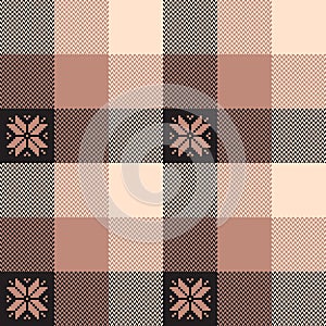 Christmas check pattern in black, blush pink, beige with nordic snowflakes ornament. Seamless herringbone tartan buffalo check.