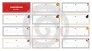 Christmas checkbook of wishes. Blank wish checks in Christmas colors with cute holiday cliparts. Empty checkbook page template.