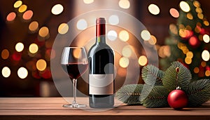 Christmas cheer. Bottle of red wine with Christmas lights in the background photo