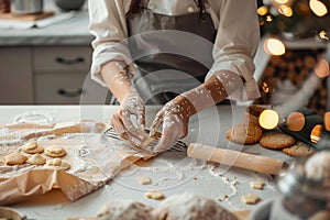 Christmas cheer Woman happily bakes cookies in festive kitchen