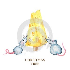 Christmas cheese tree with rat. New year greeting card 2020. Watercolor drawing piece of triangular yellow cheese. Mouse