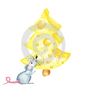 Christmas cheese tree with rat. New year greeting card 2020. Watercolor drawing piece of triangular yellow cheese. Mouse