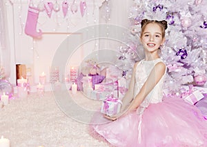 Christmas Child Girl Present Gift, Kid in Decorated Pink Room