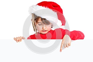 Christmas child kid girl Santa Claus pointing empty banner copyspace isolated