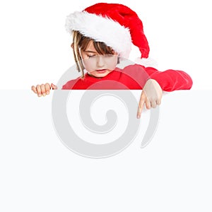 Christmas child kid girl Santa Claus pointing empty banner square copyspace isolated