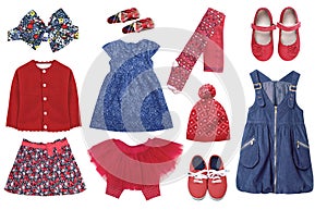 Christmas child`s clothes.. Girl`s winter holidays apparel. Female toddler clothing set. Collection of new year garment