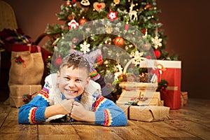 Christmas Child under Xmas Tree, Happy Boy Presents Gifts