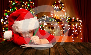 Christmas Child Write Letter Santa Claus, Kid in Hat Writing