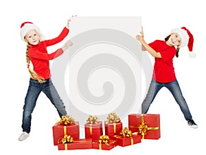 Christmas Children with Billboard Banner over White, Kids in Red